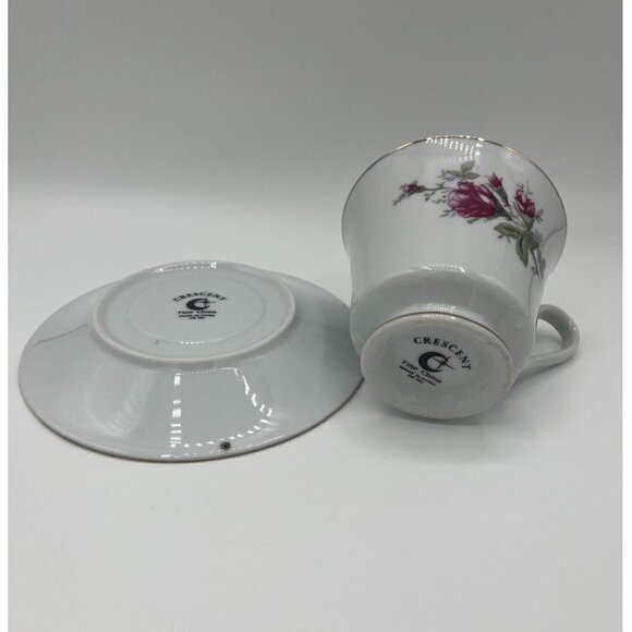 Crescent Fine China Pink Rosebud Teacup & Saucer with Gold Rim - Picture 3 of 4